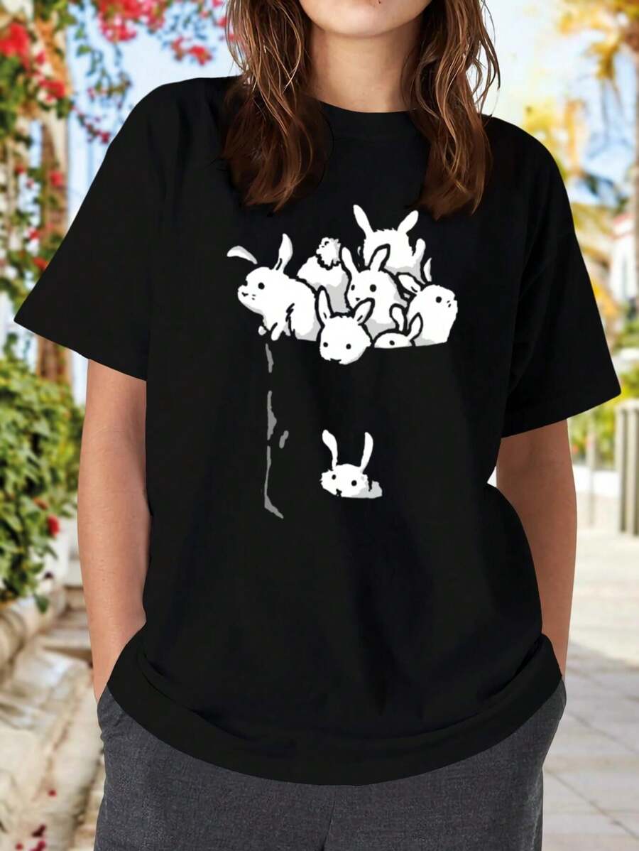 Bunnies Adorable Hand-Drawn Cartoon Rabbits In A Whimsical Blue Pocket - Charming Illustrations Of Cute Bunnies For Women's Women T-Women's Shirt - Black - View 1