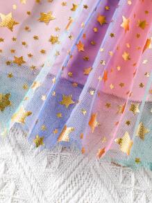 Abito estivo da ragazza con stampa unicorno, collo rotondo, maniche corte, spalle arricciate, blocchi di colore, maglia traforata e tulle a stelle