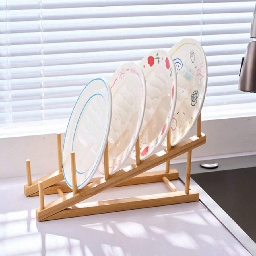 Giá để bát đĩa bằng tre, Giá để đĩa nghiêng, Giá để đồ đa năng cho đĩa, sách, nồi, cốc và các vật dụng gia đình khác, Giữ đồ khô ráo và ngăn nắp - Màu Khaki - Xem 1
