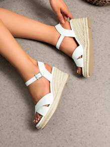 Women's Platform Wedges Sandals Espadrille Dressy Casual Summer Comfortable High Heeled With Adjustable Buckle Shoes - 白色 - 查看 4