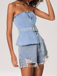 Women's Denim Tube Tops Button-Up Boat Neck Raw Hem Sleeveless Solid Color Vest Waistband - Màu xanh lam - Xem 2