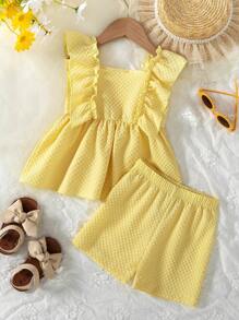 2pcs/Set Young Girl Casual Solid Color Square Camisole Dress And Elastic Waist Shorts Set, Suitable For Daily, Home, Outdoor And Sport Use, Spring/Summer