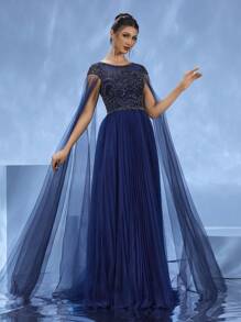 DELLA COUTURE Handmade Beaded Formal Dress, Elegant Fitted Luxurious Long Gown For Women, Suitable For Parties, Galas, Weddings And Other Formal Occasions, Flared Hem Cocktail Ball Gown, Party Dress, Wedding Guest Dress, Evening Dress - Royal Blue - View 9