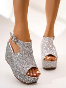 Women's Silver Glitter High Heel Sandals With Thick Platform, Strap Buckle, Summer Outdoor Fashionable Versatile Shoes - Silver - View 6