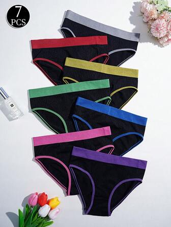 7pcs/Set Teen Girl Contrast Color Seamless Underwear, Comfort Sports Style Triangle Panties