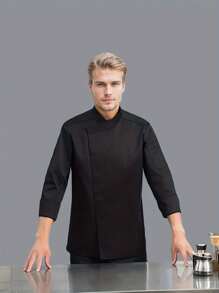 Men's Premium Chef Jacket, Oblique Collar Hidden Buttons, Work Uniform For Hotel, Restaurant, Bakery, Beverage Shop - Black - View 3