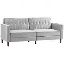HOMCOM Modern 3 Seater Velvet Sofa Bed, Click Clack Sofa Bed, Button Tufted Sleeper Couch With Split Reclining Backrest And Rubber Wood Legs, Light Grey - Grey - View 2
