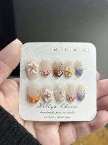 10 件超可爱多巴胺色手工按压指甲，3D 雕刻可重复使用可爱假指甲，带有花卉、波尔卡圆点、波浪元素，适合校园、节日、日常穿着，是送给女士和女孩的绝佳礼物