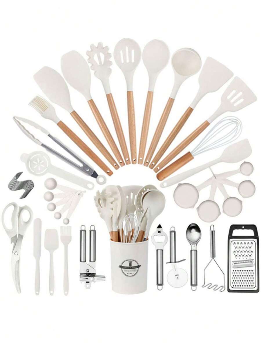 44pcs Premium Silicone Kitchen Utensil Set With Wooden Handles And Knives - Heat Resistant, Non-Stick, For Cooking And Cleaning - White - View 1