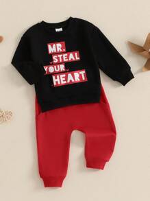 Toddler Baby Boy Valentines Outfit Long Sleeve Steal Your Heart Shirt With Pants 2Pcs Kids Baby Boy Red Outfits - 黑色 - 查看 4
