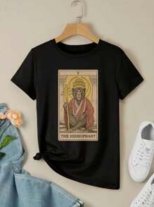The Hierophant - Monkeys Tarot A Mystical Vintage Design For Women's Women's T-Women Shirt Featuring Halo Hierophant Monkey Religious Robe Staff Surrealism And Tarot - Black - View 3