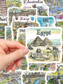 50pcs Handpainted Travel Map Stickers, Cartoon City Style, High-Quality DIY For Phone Case, Waterproof Scrapbooking Stickers,School Supplies,Back To School