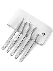 5 piezas de pinzas para extensiones de pestañas con diseño de pluma de acero inoxidable, pinzas profesionales para artistas de pestañas - Multicolor - Ver 8