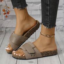 Women's Simple Solid Color Suede Strap Slip-On Flat Sandals, Moisture-Wicking - Sand - View 3