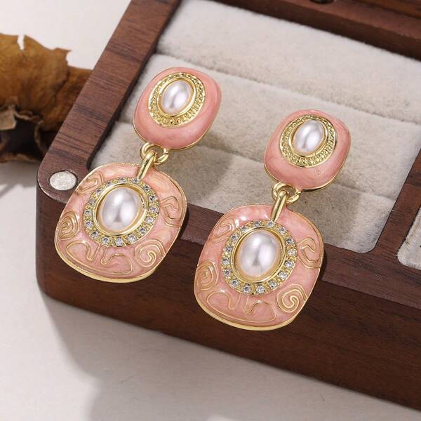 1 Pair Fashionable Elegant Copper Plated Gold Geometric Square Earrings, Gift For Women, Valentine's Day, Party