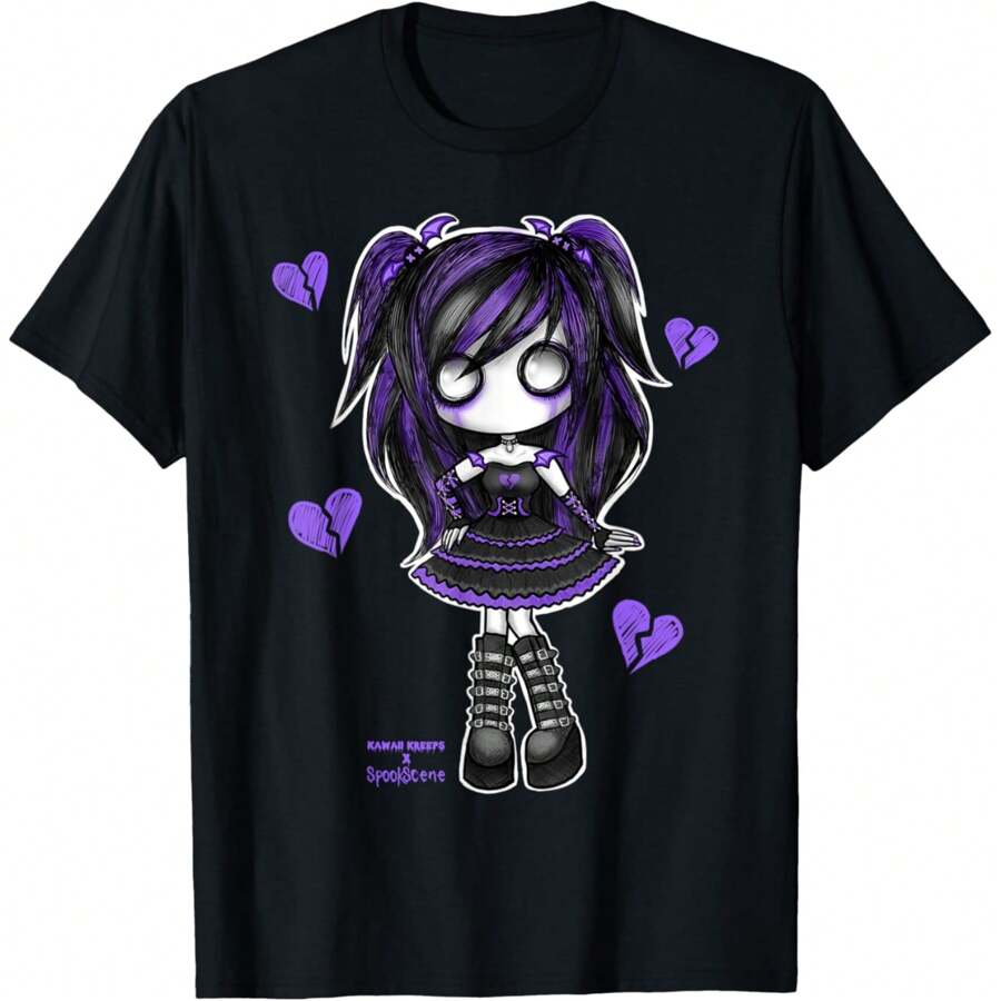 Spookscene Emo Girl Drawing Soft Goth Mall Goth Alt Purple T-Shirt - Black - View 1