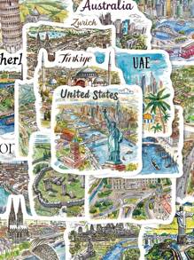 50pcs Handpainted Travel Map Stickers, Cartoon City Style, High-Quality DIY For Phone Case, Waterproof Scrapbooking Stickers,School Supplies,Back To School