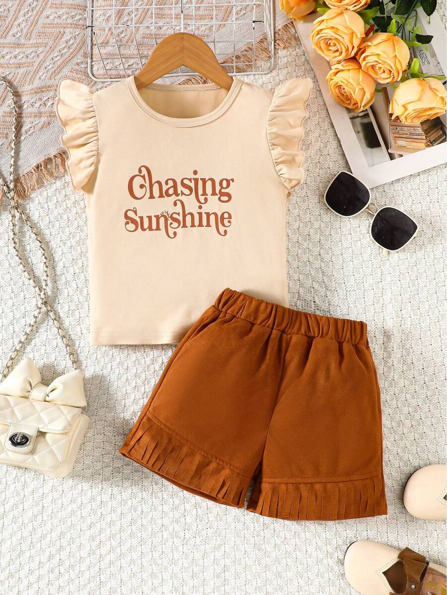 2pcs/Set Girls Spring/Summer Fashion Vintage Casual Round Neck Apricot Short Cap Sleeve Top With Front Brown Letter Print Design, Matching Brown Deer Velvet Elastic Waist Fringe Hem Loose Shorts