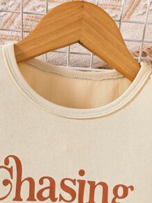 2pcs/Set Girls Spring/Summer Fashion Vintage Casual Round Neck Apricot Short Cap Sleeve Top With Front Brown Letter Print Design, Matching Brown Deer Velvet Elastic Waist Fringe Hem Loose Shorts