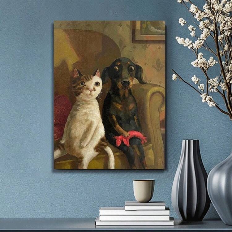 1 Pc Whimsical Cats And Dogs Wooden Framed  Canvas Painting Thickness 2.25cm/0.9inch High Quality Wall Art Prints Poster Direct Hanging Wall Picture Decor For Home Gifts, Living Room, Bathroom, Bedroom, Kitchen - 白色 - 查看 2