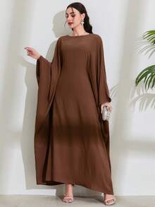 Women's Solid Color Batwing Sleeve Long Dress, Elegant Long Sleeve Abaya Robe, Kaftan Robe, Islamic Clothing, Modest And Graceful - Rust Brown - View 4