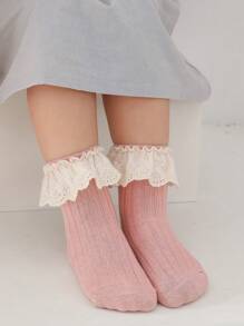 3 pares de calcetines cortos de color liso con ribete de encaje para niñas, para todas las estaciones - Multicolor - Ver 9