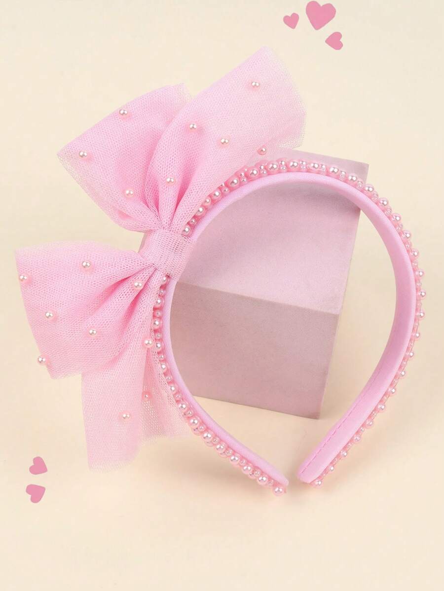 1 件装粉色薄纱头带，适合女孩，优雅珍珠发带，大粉色蝴蝶结发箍，可爱甜美女孩头饰，时尚纯色节日礼物头饰，儿童发饰 - 粉色 - 查看 1
