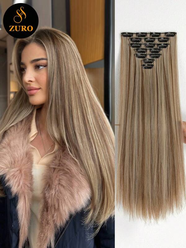 Schwarz braune Haarverlängerungen glatt 22" Clips-Haarteil für Frauen Blondes fluffiges & nicht verhedderndes Auburn Clip-in-Verlängerungen Synthetisch Gewelltes Silber dunkelbraun