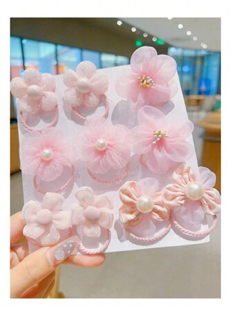 10pcs Girls' Random Color Flower Decor Hair Ties For Daily Life