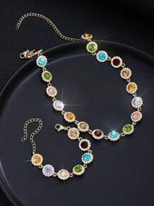 2pcs Women's Stylish Minimalist Colorful Cubic Zirconia Stone Necklace And Bracelet Jewelry Set, For Dates, Parties, Anniversaries, Birthdays