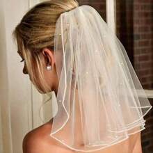 2pcs /Set Simple Style Faux Pearl Wedding Veil With Comb Short Veil & Pearl Earrings Combination For Women Photo Accessories, Party, &; Elegant Beautiful