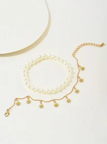 2pcs/Set Pearl Bracelet & Sunflower Bracelet, Bohemian Style Beach Accessories