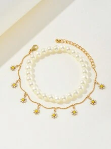 2pcs/Set Pearl Bracelet & Sunflower Bracelet, Bohemian Style Beach Accessories