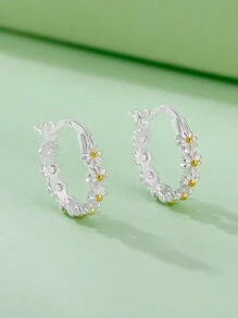 1pair Daisy Two-Tone 925 Sterling Silver Women's Earrings Stylish Minimalist Design Perfect For Everyday Dating Birthday Gift Sweet Unique Style