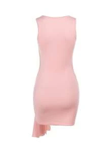 Vestido curto justo com babados e franzidos de cor lisa - Rosa - Ver 5