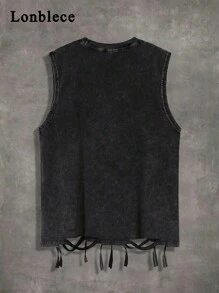 Lonblece Men's Vintage Distressed Sleeveless T-Shirt With Acid-Washed Detail, Suitable For Casual Daily Wear, Spring/Summer, Emo, 2000s Style - Black - View 2