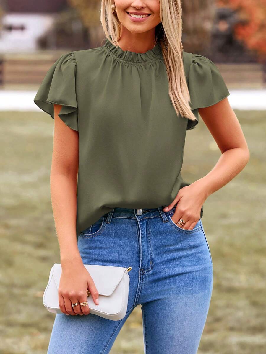 Women's Summer Satin Blouse Shirt Dressy Casual Ruffle Short Sleeve Crewneck Work Party Tops - 軍綠色 - 查看 1