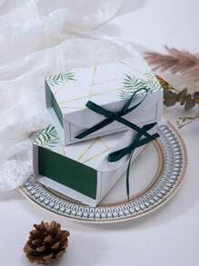 10pcs Leaf Print Gift Box With Ribbon, Paper Candy Box For Wedding