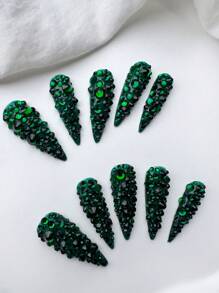 Y2K 10PCS/Bag Long Stiletto Luxury Green Handmade Press On Nails, Deluxe Rhinestone Handmade Wearable Finger Nails, Reusable Artificial Fake Nails Women And Girls