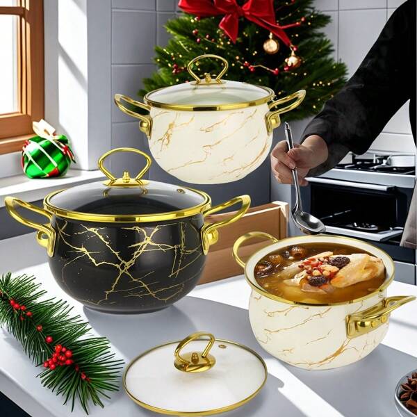 1pc High Quality Large Capacity Black & White Marble Classic Stockpot, Cooking Pot, Stew Pot, Easy To Clean, Suitable For Restaurant And Home Kitchen, Compatible With Gas Stove, Electric Stove And Induction Cooktop