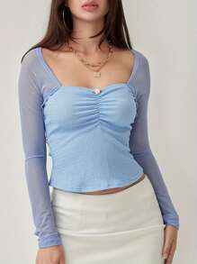 Women Fitted Crop Tops Cutout Mesh Long Sleeve Shirt Casual Pullover For Club Streetwear Aesthetic Grunge Clothes - Màu xanh da trời - Xem 4