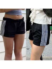 Women's Striped Shorts Casual Loose Elastic Waist Sport Short Pants With Pockets For Summer - Black - View 6