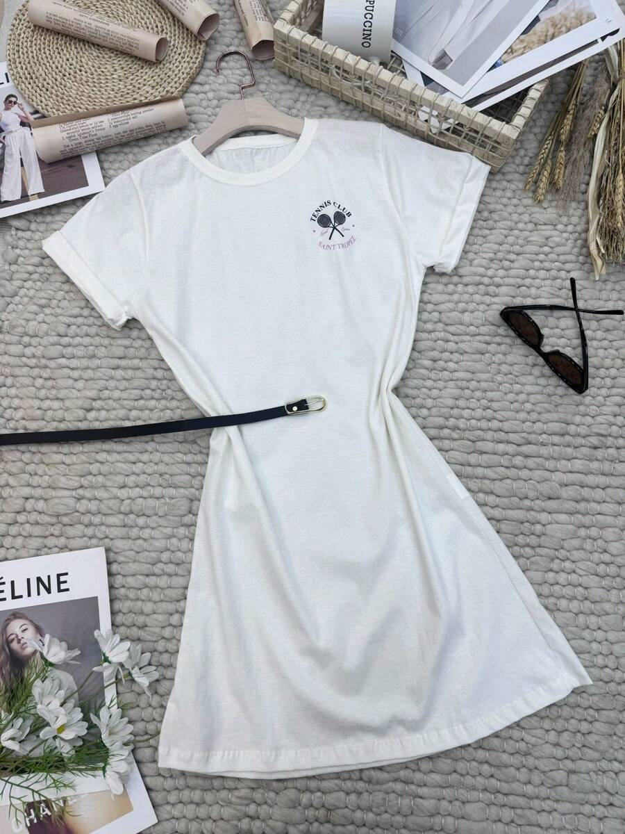 Women's Long T-Shirt Pure Cotton Comfortable Dress Short Skirt Simple Small Tennis Racket Pattern - 白色 - 查看 1