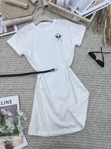 Women's Long T-Shirt Pure Cotton Comfortable Dress Short Skirt Simple Small Tennis Racket Pattern - 白色 - 查看 2