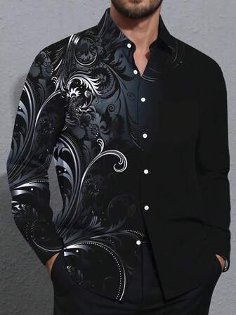Retro Floral Ombre Art 3D Digital Print Men's Button-Up Long Sleeve Shirt