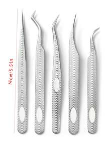 5 piezas de pinzas para extensiones de pestañas con diseño de pluma de acero inoxidable, pinzas profesionales para artistas de pestañas - Multicolor - Ver 10