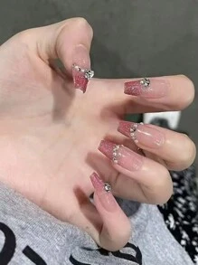 Monina 24 件桃花形假指甲，欧美风格，闪粉水钻装饰，优雅时尚，时尚个性化，可拆卸指甲贴，按压式指甲，美甲用品，美甲 - 玫紅色 - 查看 3