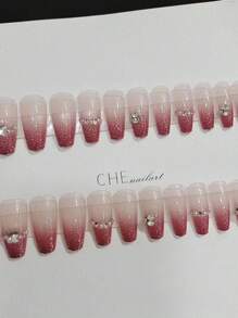 Monina 24 件桃花形假指甲，欧美风格，闪粉水钻装饰，优雅时尚，时尚个性化，可拆卸指甲贴，按压式指甲，美甲用品，美甲 - 玫紅色 - 查看 8