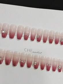 Monina 24 件桃花形假指甲，欧美风格，闪粉水钻装饰，优雅时尚，时尚个性化，可拆卸指甲贴，按压式指甲，美甲用品，美甲 - 玫紅色 - 查看 6