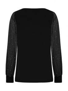 Gentle Black Round Neck Sequin Mesh Patchwork Long Sleeve Top, Sexy Sheer Lantern Sleeve Design, Skin-Friendly Slimming Versatile T-Shirt, Ladies' Spring/Autumn Date/Commute Undershirt, Niche Sparkling Sheer Mesh Sleeve Design, Wedding/Party Ladies' Top